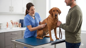 Veterinarian examining a dog with a stethoscope during a wellness checkup