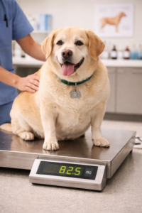 Overweight dog being weighed at a veterinary clinic