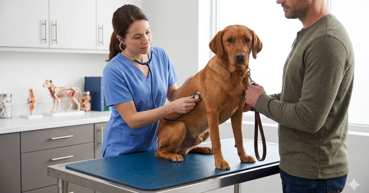 Veterinarian examining a dog with a stethoscope during a wellness checkup
