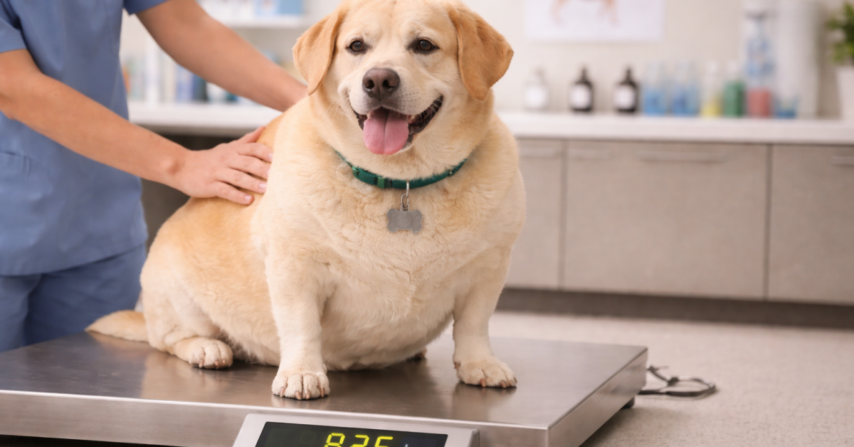 Overweight dog being weighed at a veterinary clinic
